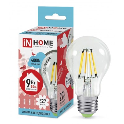 Лампа светодиодная LED-A60-deco 9Вт 230В Е27 4000К 1040Лм прозрачная IN HOME
