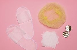 Комплект для солярия женский (стикини, тапочки спанбонд, салфетка 10х10 см - 3 штуки, шапочка-шарлотка)   , 1 комплект Упаковка, арт.00-509