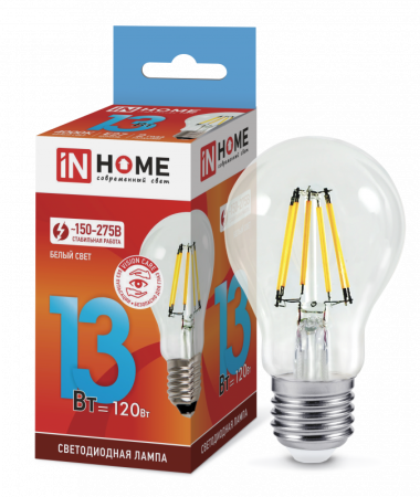 Изображение Лампа светодиодная LED-A60-deco 13Вт 230В Е27 4000К 1370Лм прозрачная IN HOME  интернет магазин Иватек ivatec.ru