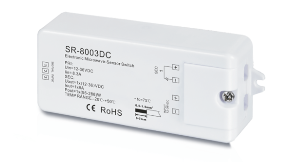 SR-8003 DC Датчик движения MicroWave. Регуллировка задержки до 10 мин и зоны до 20м. 12-36В, 00-00000780