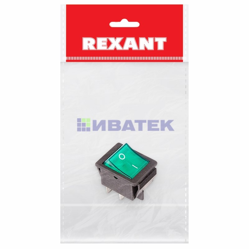 Выключатель клавишный 250V 16А (4с) ON-OFF зеленый  с подсветкой (RWB-502, SC-767, IRS-201-1)  REXANT Индивидуальная упаковка 1 шт
