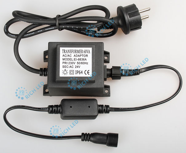 Трансформатор 220/24 В , усиленная влагозащита IP65, герметичный,30 Вт, шнур подключения с выпрямителем тока 1.5 м. 