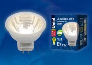 LED-MR11-3W/WW/GU4 Лампа светодиодная, 12V. Прозрачная. Теплый белый свет (3000K). Картон. ТМ Uniel.