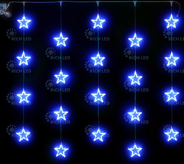 Светодиодный узорный занавес Rich LED Звезды, 2*2, постоянное свечение, цвет: синий, провод: прозрач
