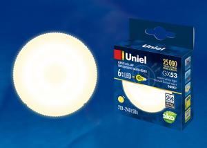 LED-GX53-6W/WW/GX53/FR Лампа светодиодная, матовая. Теплый белый свет. Картон. ТМ Uniel.