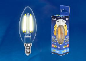LED-C35-5W/WW/E14/CL/MB Лампа светодиодная. Форма «свеча», прозрачная. Серия Multibright. Теплый белый свет (3000K). 100-50-10. Картон. ТМ Uniel.
