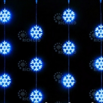Светодиодный узорный занавес Rich LED Снежинки, 2*2, постоянное свечение, цвет: синий, провод: прозр