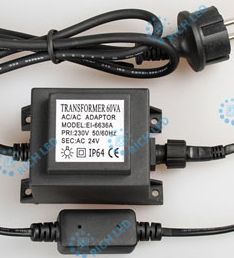 Трансформатор 220/24 В , усиленная влагозащита IP65, герметичный, 60 Вт, шнур подключения  с выпрямителем тока 1.5 м., цвет: черный, провод: -