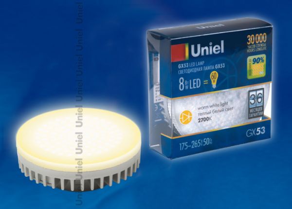 Лампа светодиодная с цоколем GX53. LED-GX53-8W/WW/GX53 пластик