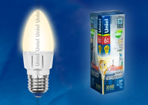Лампа свеча светодиодная E27 60Вт диммируемая LED-C37-6W/WW/E27/FR/DIM ALP01WH
