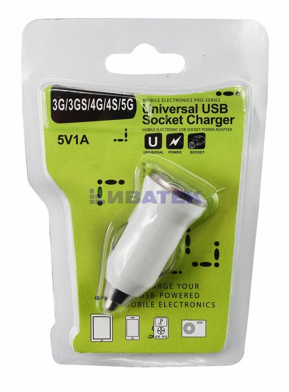 Изображение Автозарядка в прикуриватель USB (АЗУ) (5 V, 1000 mA) белая  интернет магазин Иватек ivatec.ru