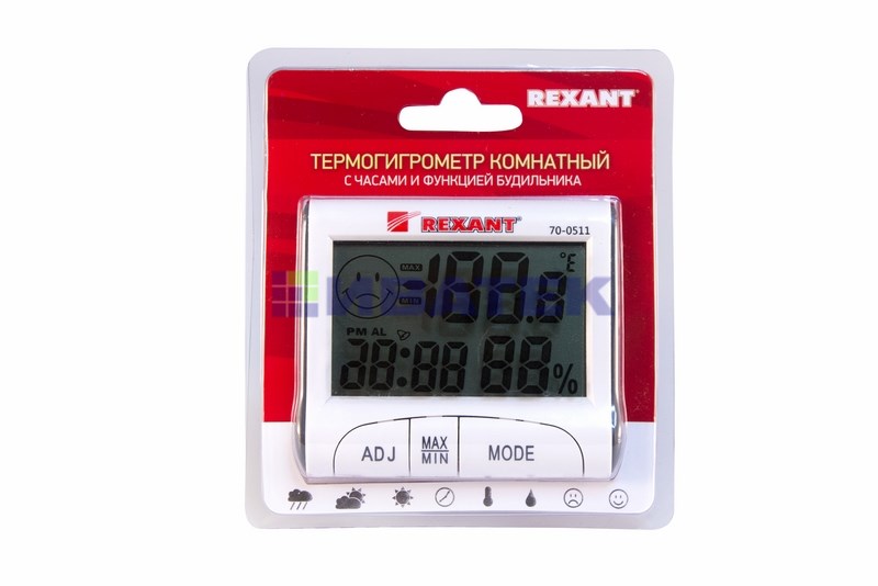 Изображение Термогигрометр комнатный с часами и функцией будильника REXANT  интернет магазин Иватек ivatec.ru