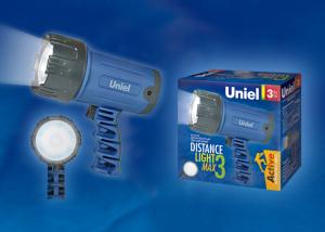 S-SL010-BA Blue Фонарь Uniel серии Стандарт «Distance light — 3 max», прорезиненный корпус, 3 Watt LED, упаковка — цветной короб, 3.6V 1200mA Ni-MH в/