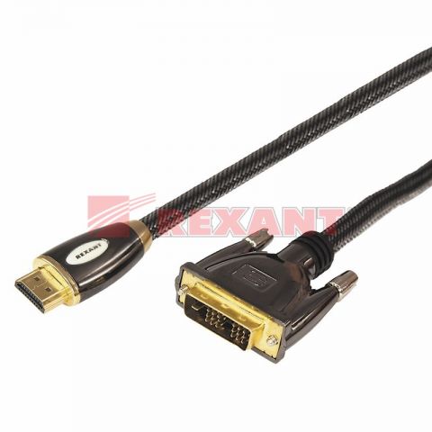 Шнур HDMI - DVI-D с фильтрами, длина 5 метров, шелк 24K (GOLD Luxury) (блистер) REXANT  уп 5шт