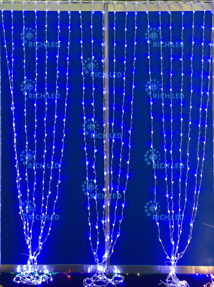 Занавес Водопад 3х2м, синий, 220В, IP54, 8 режимов свечения, прозрачный провод