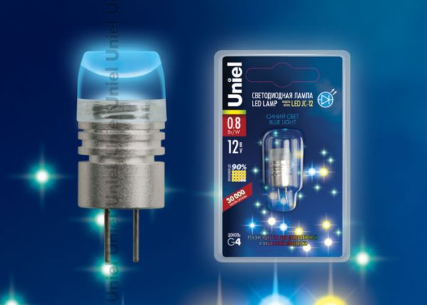 Лампа светодиодная G4 12в Uniel. LED-JC-12/0,8W/BLUE/G4