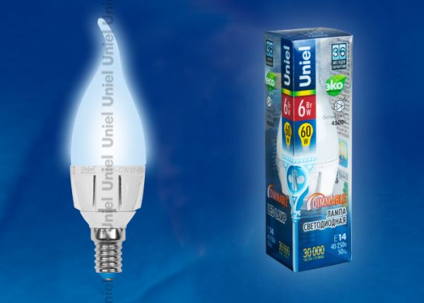 Лампа свеча на ветру светодиодная E14 60Вт диммируемая LED-CW37-6W/NW/E14/FR/DIM ALP01WH
