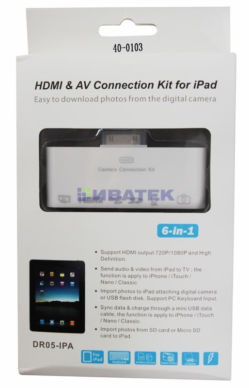 Изображение AV адаптер 6 в 1 для iPhone 4/4S на HDMI, USB, microSD, SD, 3.5 мм, microUSB  интернет магазин Иватек ivatec.ru