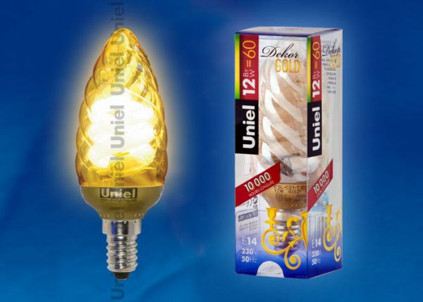 Лампа энергосберегающая. Форма витая золотистая свеча. ESL-C21-T12/GOLD/E14