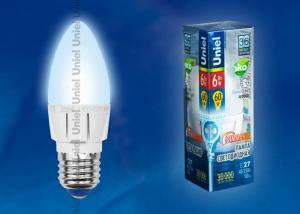 LED-C37-6W/NW/E27/FR/DIM ALP01WH Лампа светодиодная диммируемая. Форма "свеча", матовая колба. Материал корпуса алюминий. Цвет свечения белый. Серия P