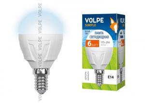 LED-G45-6W/NW/E14/FR/S Лампа светодиодная Volpe. Форма "шар", матовая колба. Материал корпуса термопластик. Цвет свечения белый. Серия Simple. Упаковк