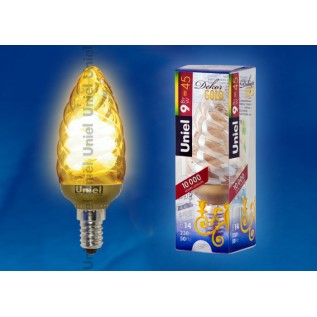 ESL-C21-T9/GOLD/E14 Лампа энергосберегающая. Форма витая золотистая свеча. Пластиковая упаковка
