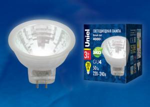 LED-MR11-3W/NW/GU4/220V Лампа светодиодная, 220V. Прозрачная. Белый свет (4000K). Картон. ТМ Uniel.