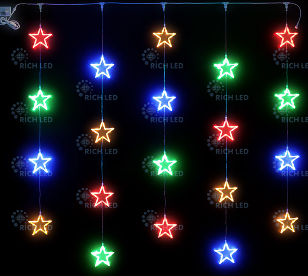 Светодиодный узорный занавес Rich LED Звезды, 2*2, постоянное свечение, цвет: мульти, провод: прозра