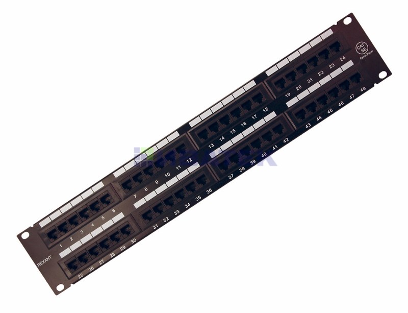 Rexant Патч-панель 19", 2U, 48 портов RJ-45, категория 5e, UTP неэкранированная, черная
