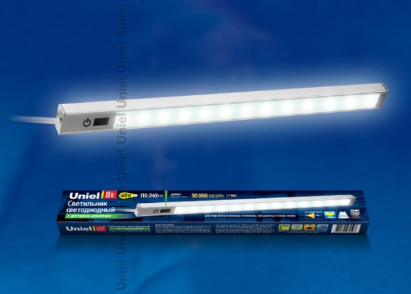 ULM-F03-8W/NW/MS IP40 SILVER картон Светодиодный светильник с датчиком движения, 110-240В. Длина 35