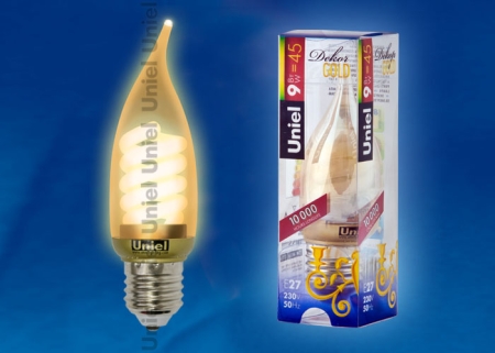 Изображение ESL-C21-W9/GOLD/E27 Лампа энергосберегающая. Форма свеча золотистая на ветру. Пластиковая упаковка  интернет магазин Иватек ivatec.ru