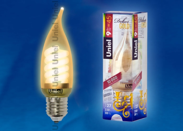 ESL-C21-W9/GOLD/E27 Лампа энергосберегающая. Форма свеча золотистая на ветру. Пластиковая упаковка