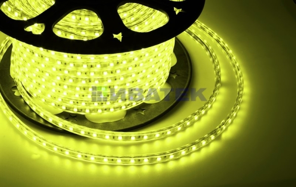 LED лента 220В, 10*7 мм, IP67, SMD 2835, 60 LED/m Желтая, бухта 100 м