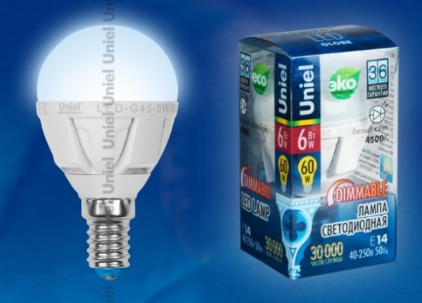 Лампа светодиодная е14 60Вт "глоба" диммируемая LED-G45-6W/NW/E14/FR/DIM ALP01WH