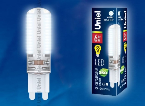 LED-JCD-6W/NW/G9/CL Лампа светодиодная с силиконовым покрытием. Цвет свечения белый. Упаковка картон. ТМ Uniel 220В