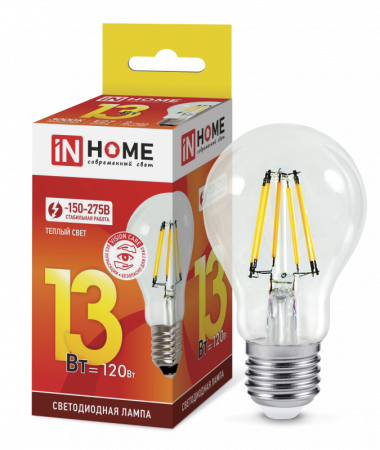 Изображение Лампа светодиодная LED-A60-deco 13Вт 230В Е27 3000К 1370Лм прозрачная IN HOME  интернет магазин Иватек ivatec.ru