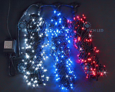 Изображение Гирлянда 3 Нити по 20м, триколор, 600 LED, 24В, мерцание, черный провод, IP54  интернет магазин Иватек ivatec.ru