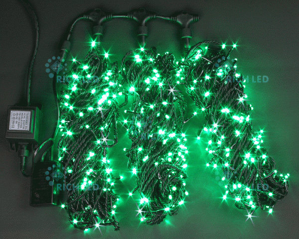 Гирлянда 3 Нити по 20м, зеленый, 600 LED, 24В, мерцание, черный провод, IP54
