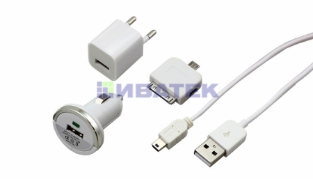 Изображение Комплект СЗУ, АЗУ, кабель miniUSB-USB, переходник microUSB 30 pin белый  интернет магазин Иватек ivatec.ru