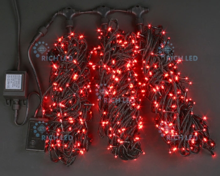 Изображение Гирлянда 3 Нити по 20м, красный, 600 LED, 24В, 8 режимов свечения, черный провод, IP65  интернет магазин Иватек ivatec.ru
