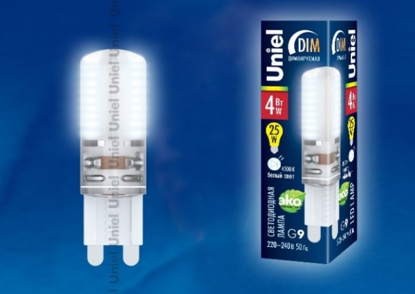 LED-JCD-4W/NW/G9/CL/DIM Лампа светодиодная диммируемая с силиконовым покрытием. Цвет свечения белый. Упаковка картон. ТМ Uniel 220В