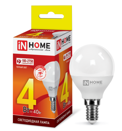 Изображение Лампа светодиодная LED-ШАР-VC 4Вт 230В Е14 3000К 380Лм IN HOME  интернет магазин Иватек ivatec.ru
