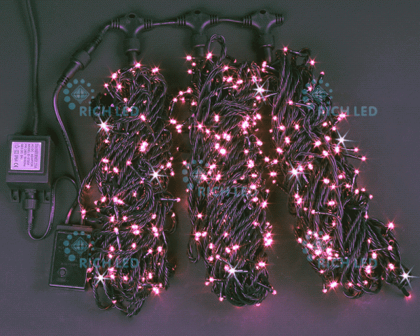 Гирлянда 3 Нити по 20м, розовый, 600 LED, 24В, мерцание, черный провод, IP54