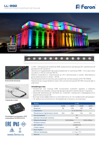 Изображение LL-892 Светодиодный линейный прожектор с DMX, 12LED RGB, 500*40*48mm, 12W 24V, IP65  интернет магазин Иватек ivatec.ru