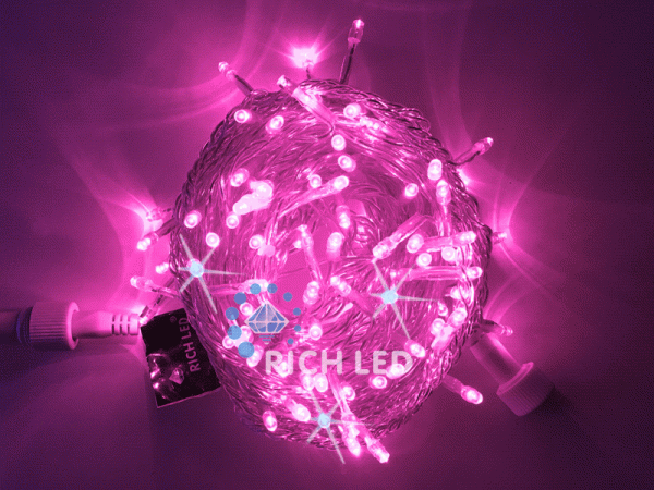Светодиодные гирлянды Нить 10 метров, 24 В, постоянное свечение, цвет: фиолет, провод: прозрачный