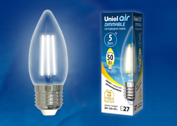 LED-C35-5W/WW/E27/CL/DIM GLA01TR Лампа светодиодная диммируемая. Форма "свеча", прозрачная. Серия Air. Теплый белый свет (3000K). Картон. ТМ Uniel