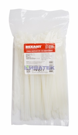 Изображение Хомут-стяжка нейлоновая многоразовая REXANT 200x7,5 мм,белая, упаковка 10пак,100 шт/пак  интернет магазин Иватек ivatec.ru