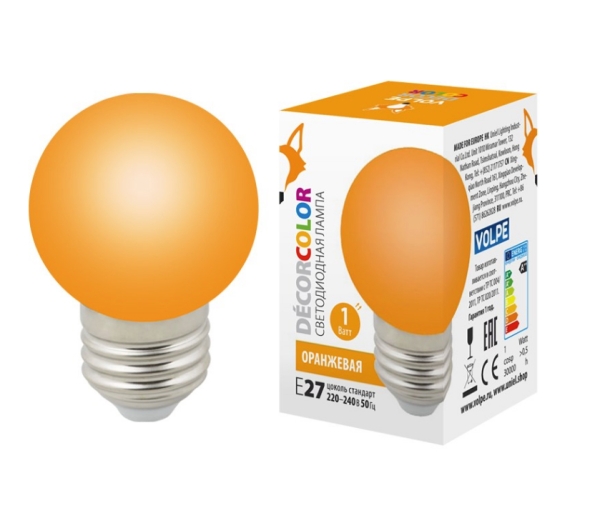 LED-G45-1W/ORANGE/E27/FR/С Лампа декоративная светодиодная. Форма "шар", матовая. Цвет оранжевый. Картон. ТМ Volpe.