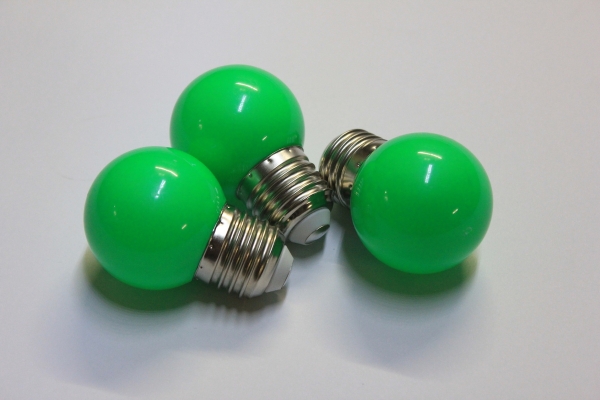 Лампа для бетл-лайт LED G45-E27-230V-R зеленая, пластик, D45, потребляемая мощность 1.2Вт