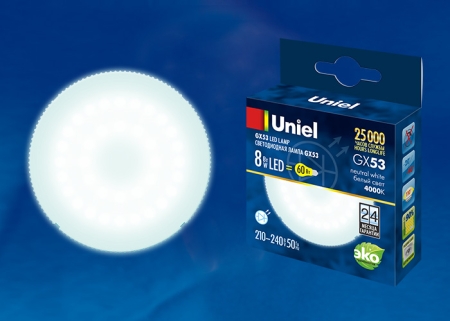 Изображение LED-GX53-8W/NW/GX53/FR PLZ01WH Лампа светодиодная, матовая. Белый свет. Картон. ТМ Uniel.  интернет магазин Иватек ivatec.ru